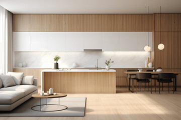 Modern, simple white interior with kitchen, sofa, wooden floor, wall panels and marble kitchen island,3d render illustrations.