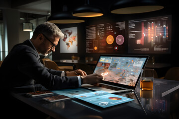 Businessman Analyzing Abstract Visual Data on Computer Screen