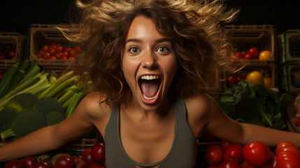 Exciting capture of ecstatic woman, hair standing on end, powerfully expressive over a vibrant background with basket full of groceries in disbelief. - obrazy, fototapety, plakaty