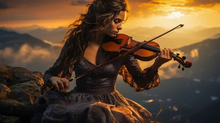 Fotobehang Inspirational female violinist atop mountain peak, immersed in solitude, liberally unleashing creativity against backdrop of breathtaking sunset. © XaMaps
