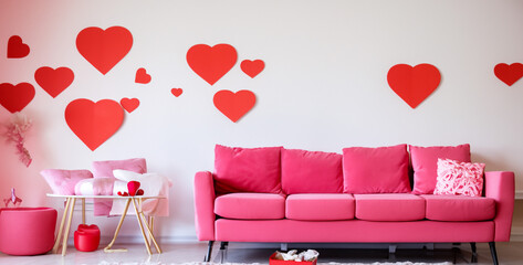red sofa in a room, Gorgeous pink hearts on light walls of valentine day decorated room. Generative Ai content