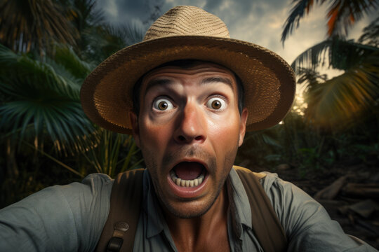 Man wearing hat is making surprised face. This image can be used to express shock, disbelief, or astonishment.