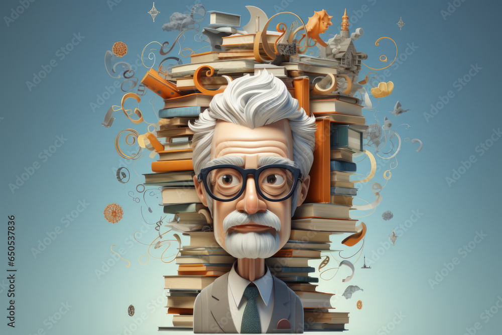 Poster man with glasses and beard stands confidently in front of stack of books. this image can be used to 