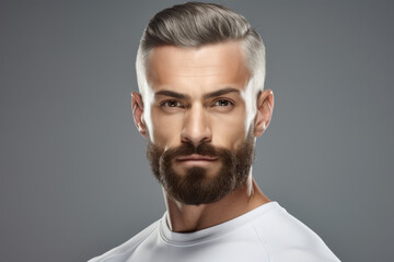 Close-up photograph of man with full beard. This picture can be used in various contexts to represent masculinity, style, fashion, or grooming.