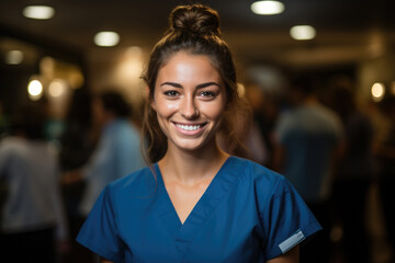 Woman in blue scrub suit smiles at camera. This image can be used to represent healthcare professionals or medical workers in positive and friendly manner.