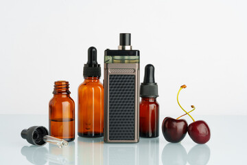 Vape liquid with cherry flavor on white background