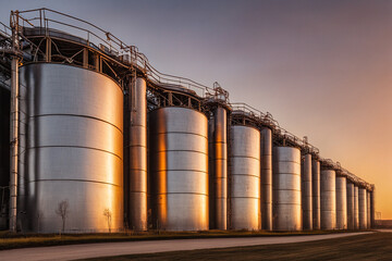 Große storage tanks und Silos die benutzt weden um rohes material aufzubewahren. Fässer stehen drausen mit Sonnenuntergang und schönem Himmel