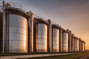 Obraz premium Große storage tanks und Silos die benutzt weden um rohes material aufzubewahren. Fässer stehen drausen mit Sonnenuntergang und schönem Himmel