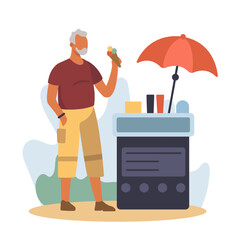 Man eating ice-cream outside, resting in park. Modern and active lifestyle for old people concept. Happy old age. Flat vector illustration in cartoon style in blue colors