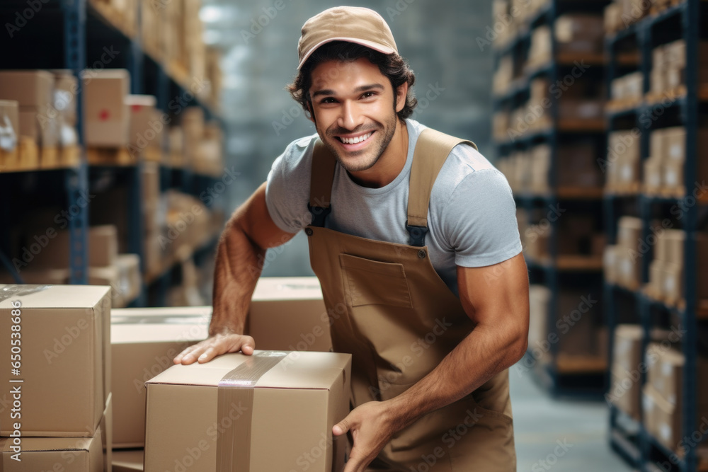 Aufkleber man is seen holding box in warehouse. this image can be used to depict concepts related to storage, 