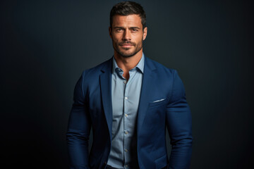 Man dressed in blue suit strikes pose for photograph. This image can be used for professional headshots, business profiles, or corporate marketing materials. - obrazy, fototapety, plakaty