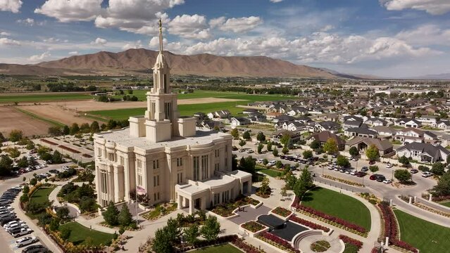 Aerial religion Payson Utah LDS Temple overhead 2. The Church of Jesus Christ of Latter-day Saints, LDS or Mormon religion. Fast growing christian religious groups. Headquartered in Salt Lake City.