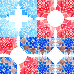 Frames for the cover decorated with blue and red watercolor pattern mandala - 650539871