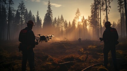 firefighters searching for lost people with the help of drones, using technology to rescue people - obrazy, fototapety, plakaty
