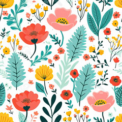 Fototapeta premium Flowers spring colour palette seamless pattern, AI Generated