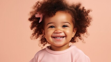 Naklejka premium A happy African American toddler girl with a bright smile against a light beige studio background.