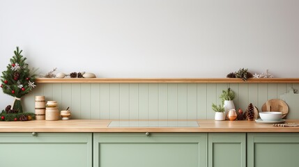Green nordic Christmas kitchen with holidays decors, Happy holidays and New year 2024, Generative ai