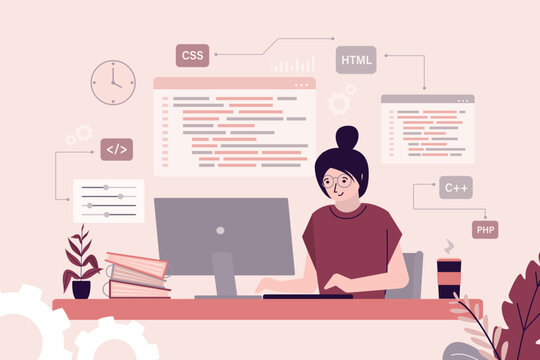 Programmer or coder sitting at desk and working on computer. Website designer, developer social media wireframe. Concept of front-end and back-end programming,