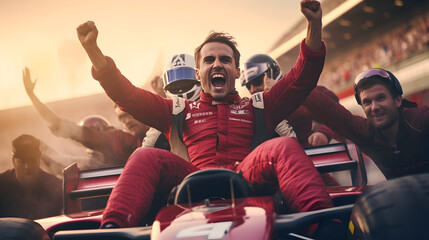 F1 racer on the car celebrate after winning the race - obrazy, fototapety, plakaty