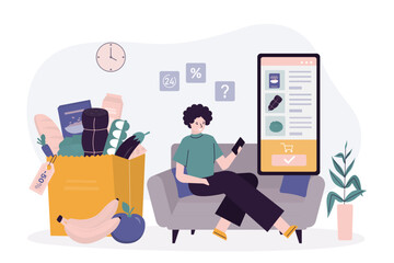 Customer woman sitting at home and using cellphone, ordering food in mobile application. Online food shopping by mobile phone. Food and grocery goods,