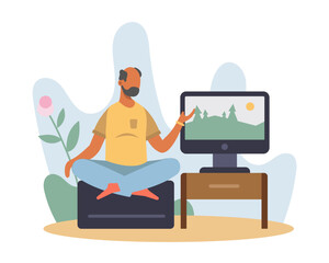 Old man sitting on armchair, watching TV and resting. Positive senior spending time at home. Happy old age. Concept of happy retirement. Flat vector illustration in cartoon style