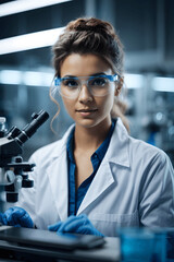 Portrait of a young beautiful female scientist working in laboratory with safety protection glasses and blue medical gloves. Image created using artificial intelligence.