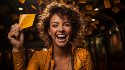 Ecstatic young woman jubilantly brandishing loyalty card, her hair standing in wild excitement against vibrant, colorful studio backdrop. - obrazy, fototapety, plakaty