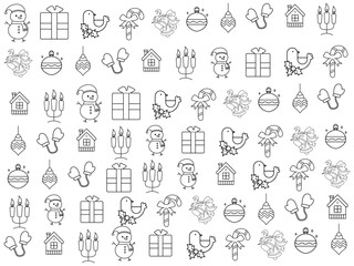 Christmas icon set with snowflakes, hats, star, Christmas tree, balls, orange, sock, gift, drink and garlands. Vector icons for business and holidays