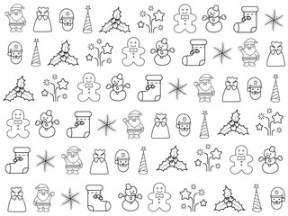 Fototapeta na wymiar Christmas icon set with snowflakes, hats, star, Christmas tree, balls, orange, sock, gift, drink and garlands. Vector icons for business and holidays
