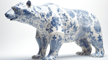 A blue and white bear statue on a white background