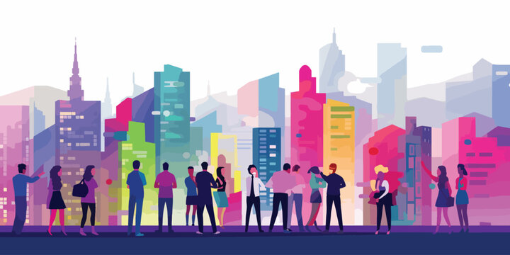 Illustration people in a colorful background, standing in the city, in the style of animated gifs,