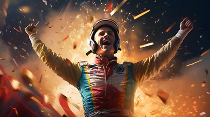 Foto op Canvas Formula one racer celebrating his victory on the podium with full joy © Trendy Graphics
