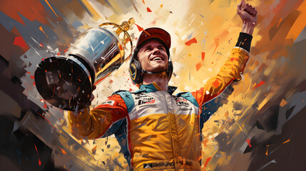 Formula one racing driver carrying trophy and celebrating victory - obrazy, fototapety, plakaty