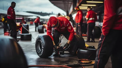 Tuinposter Pit crew checking formula one race car tires in pit lane © Trendy Graphics