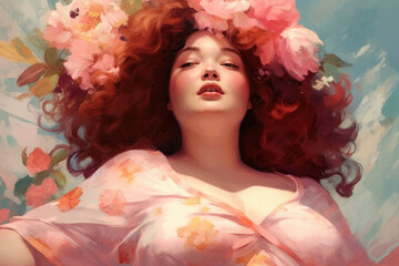Beautiful red-haired woman in pink dress with neckline, chubby plus size model, beauty face and makeup, fat girl portrait with hairstyle and wreath of flowers, picture drawn in realistic style - obrazy, fototapety, plakaty