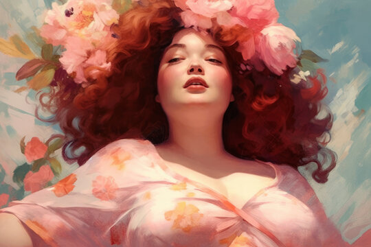 Beautiful red-haired woman in pink dress with neckline, chubby plus size model, beauty face and makeup, fat girl portrait with hairstyle and wreath of flowers, picture drawn in realistic style