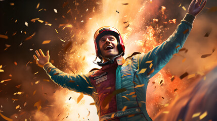 Car racer enjoying and celebrating his victory - obrazy, fototapety, plakaty