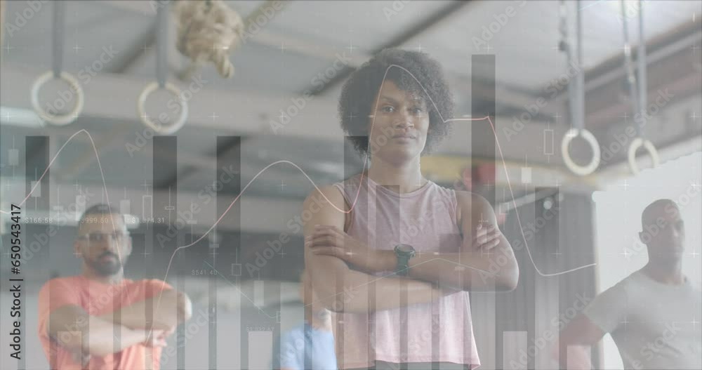 Poster animation of data processing on graph over portrait of diverse fitness group at gym