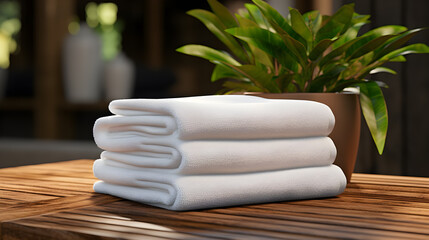 Fototapeta na wymiar white towels pile on wooden table with plant in background
