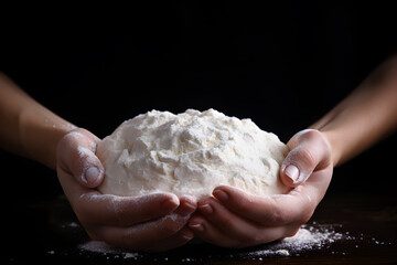 a woman's hand holding a flour dough against a dark background
