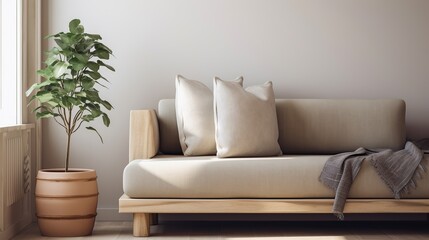 Close up sofa, coastal style living room with indoor plants, Scandi interior design AI generated