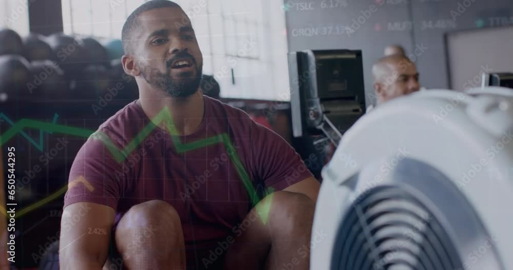 Poster animation of data processing on graph over diverse men training on rowing machines at gym