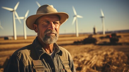 man on a farm, with clean energy from propellers, wind energy, ranchers with clean energy - obrazy, fototapety, plakaty