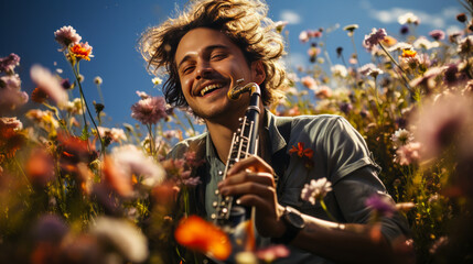 Vibrant scene of youthful energy: Man skillfully playing saxophone amidst radiant wildflowers under a rich blue sky, embodying springtime creativity and freedom. - obrazy, fototapety, plakaty