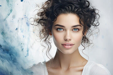 Picture of woman with curly hair and beautiful blue eyes. This image can be used for various purposes, such as beauty, fashion, or portrait photography.