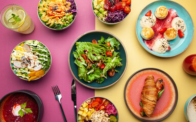 Assortment of poke, salads. Breakfast concept. Colorful background