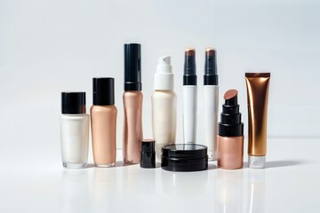 Beauty product makeup set nail polish, lipstick , cosmetics, different types in white background, Flat image with copy space for text, fashion makeup concept 