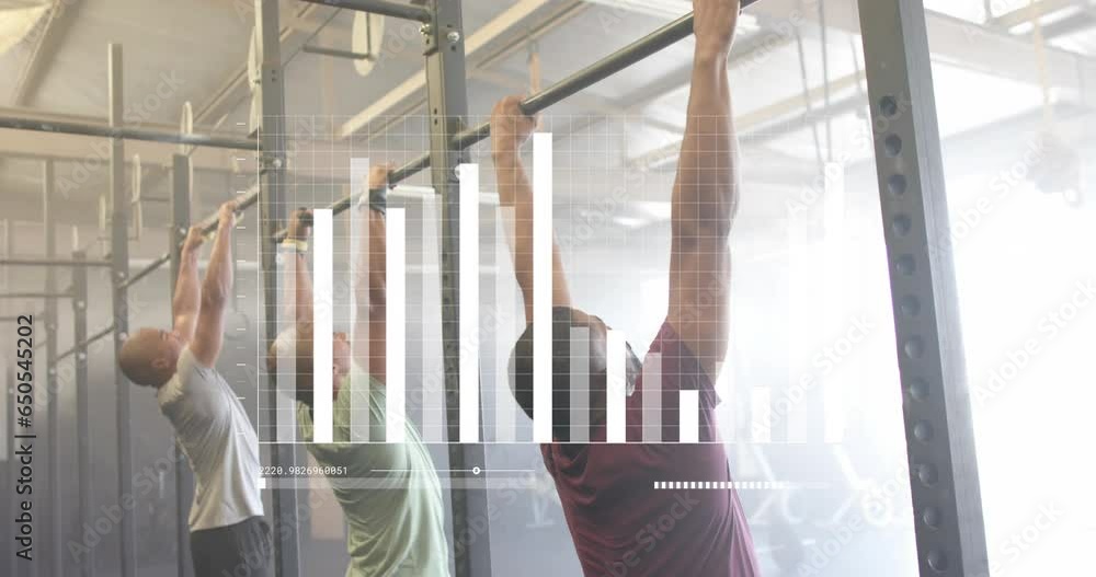 Poster animation of data processing on graph over diverse male group cross training at gym doing pull ups