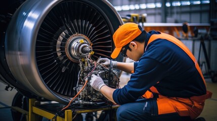 An aircraft technician is repairing a turbine.