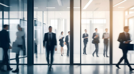 Fototapeta premium Blurred Businesspeople in White Glass Office Background | Generative AI Technology Concept | Corporate Abstract Motion Blur Image for Stock